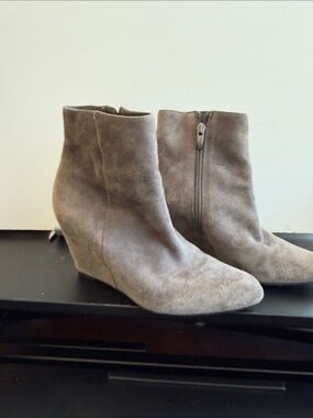 Via Spiga Taupe Suede Wedge Ankle Booties with Side Zip